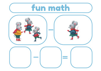 Winter Activity page, sheet for kids. Arithmetic task with forest animals is a game for teaching a child to count. An exercise for learning numbers. a mathematical example for a preschooler.