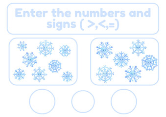 Activity page, sheet for kids. A mathematical task for comparing numbers. Winter game for teaching a child. Exercise with a snowflake pattern. Counting lesson for preschooler more, less, equal