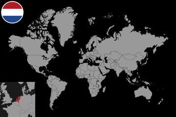 Pin map with Netherlands flag on world map. Vector illustration.