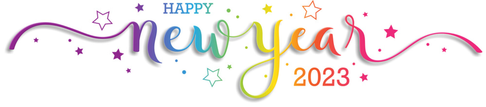 HAPPY NEW YEAR 2023 rainbow brush calligraphy banner with stars
