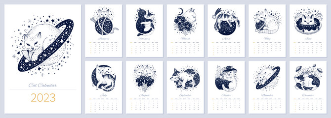 Calendar 2023. Cat chinese Zodiac design. Cute pet 2023 vintage animal template. Creative psychedelic vector. Month horoscope. Funny magic cartoon. Trendy new year astrology calendar. Sketch space cat