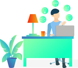Illustration of a freelancer working at home with his laptop Suitable for landing page, flyers, Infographics, And Other Graphic Related Assets-vector