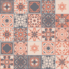 Azulejo style decorative ceramic tile, pink gray pastel color, traditional spanish portuguese pattern