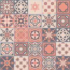 Pink seamless pattern, portuguese talavera ornate decoration, vector illustration