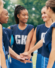 Support, teamwork and sports with netball women for motivation, planning and training on field....