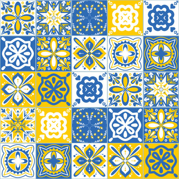 Blue yellow contrast seamless pattern, decorative square ceramic tile
