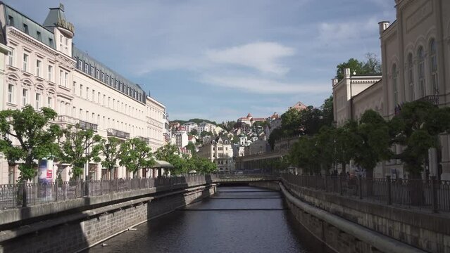Static view of Mill Colonnade and Tepla river in Karlovy Vary or Carlsbad, Czech Republic