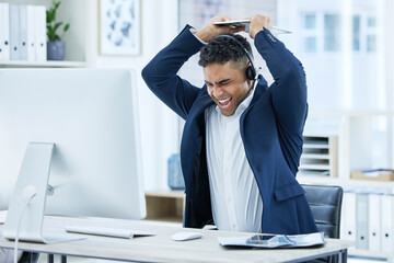 Stress, angry or shouting call center businessman breaking computer keyboard in crm consulting...