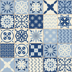 Ceramic tiles for wall decoration, blue indigo monochrome color, stylish vector illustration for interior design