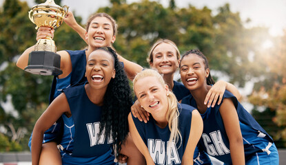 Netball game, team sports and trophy winner in sport competition on court, collaboration for...
