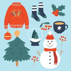 Set of winter elements. Collection of winter objects. Sweater, snowman, Christmas tree, socks. Vector illustration. Christmas decor. Flat style.
