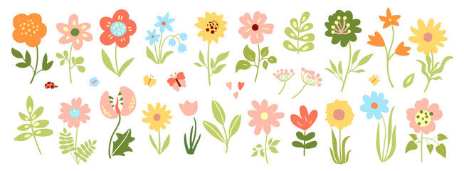Set of cute pastel flat flowers, butterflies. Vector illustration.  Hand drawn. 