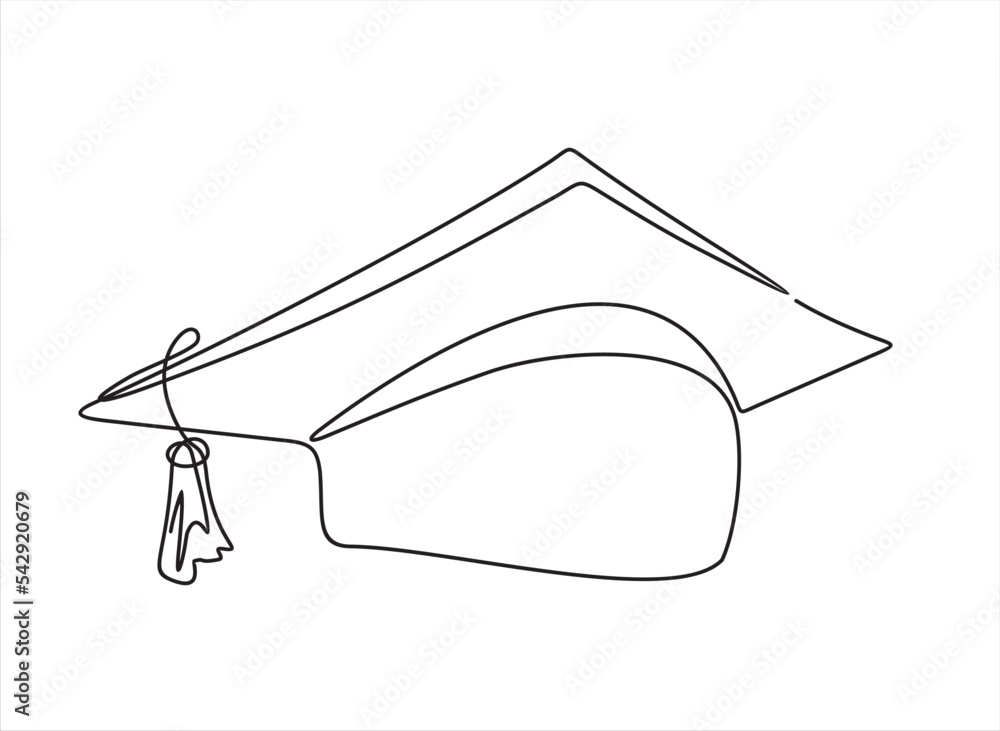 Poster continuous one single line drawing of graduation hat. continuous line style.