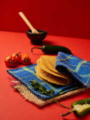 Tortillas mexicanas en fondo rojo con ingredientes para preparar tacos sobre mantel azul
