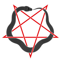 Vector snake bites its tail intertwining with a pentagram. Isolated tattoo design with silhouette of ouroboros symbol. - 542921008