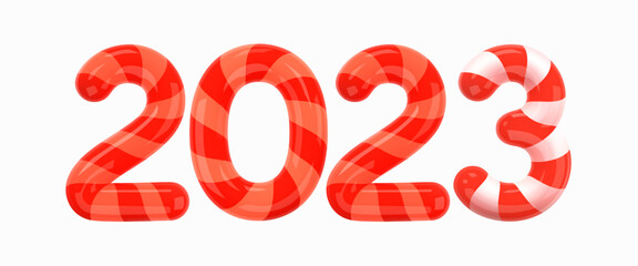 2023 Red and White Numbers with Red Ribbon Wrapping. Merry Christmas and Happy New Year 2023 greeting card template. Cartoon style numerals isolated on white background. 3d Vector illustration