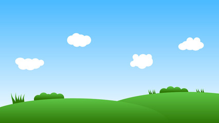 Obraz na płótnie Canvas landscape cartoon scene with green hills and white cloud in summer blue sky background