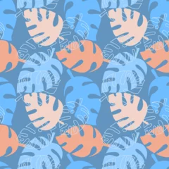 Muurstickers Blue seamless pattern tropical print, monstera palm leaf tropical pattern © OlgaKorica