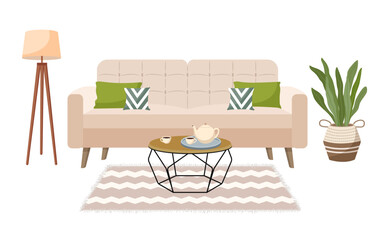 Living room interior. A soft sofa with cushions, a carpet on the floor, a lapma and a modern scandinavian table with a teapot and cups, a wicker basket with a plant. Modern.