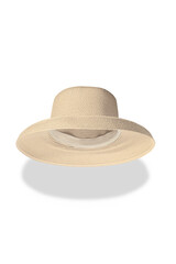 Close-up shot of a light beige straw wide-brimmed hat. The light beige straw sun hat with a rounded downward brim is isolated on a white background. Bottom view.