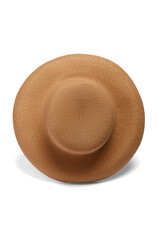 Close-up shot of a beige straw wide-brimmed hat. The beige straw sun hat with a rounded downward brim is isolated on a white background. Front view.