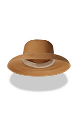 Close-up shot of a beige straw wide-brimmed hat. The beige straw sun hat with a rounded downward brim is isolated on a white background. Bottom view.