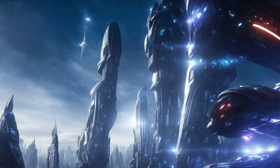 fantasy illustration of a futuristic alien technology city with futuristic metallic structures and glowing lights on distant planet
