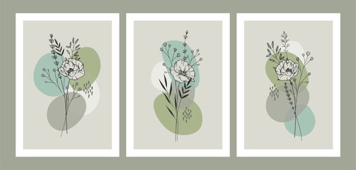 Abstract minimalist line posters with doodle organic bouquets, modern trendy design, contemporary artwork. Green colors