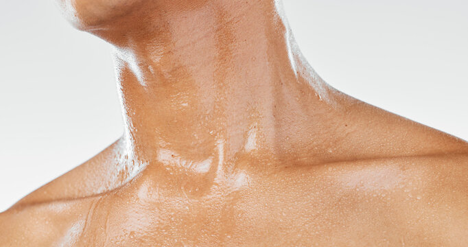 Body Of Man Sweating From Exercise, Skin Neck With Water Dripping Or Wet Body Cropped On White Studio Background. Sports Person After Workout Shower, Stress Hyperhidrosis In Men Or Sports Healthcare