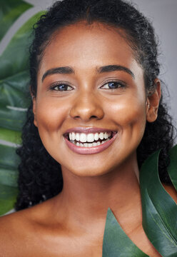 Natural skincare, leaf and portrait of black woman with healthy glowing skin, beauty cosmetics and facial makeup. Dermatology, wellness and aesthetic face of happy model girl with self care routine