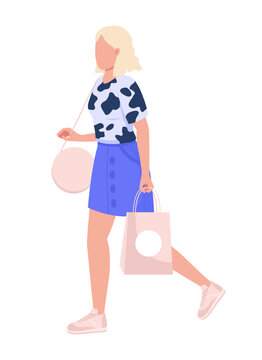 Woman with shopping bag semi flat color vector character. Editable figure. Full body person on white. Store customer simple cartoon style illustration for web graphic design and animation