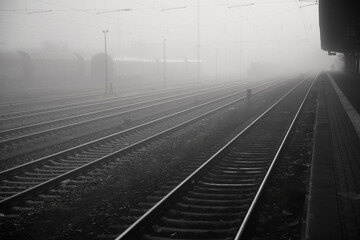 Plakat Gleise eines Bahnhofs im Nebel am Morgen