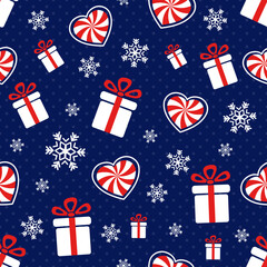 Christmas presents. Seamless vector illustration with gift boxes, candy canes and snowflakes. Winter backdrop - 542925277