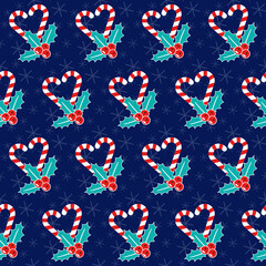 Romantic Christmas. Seamless vector illustration with mistletoe and heart shaped candy canes. Winter backdrop - 542925288