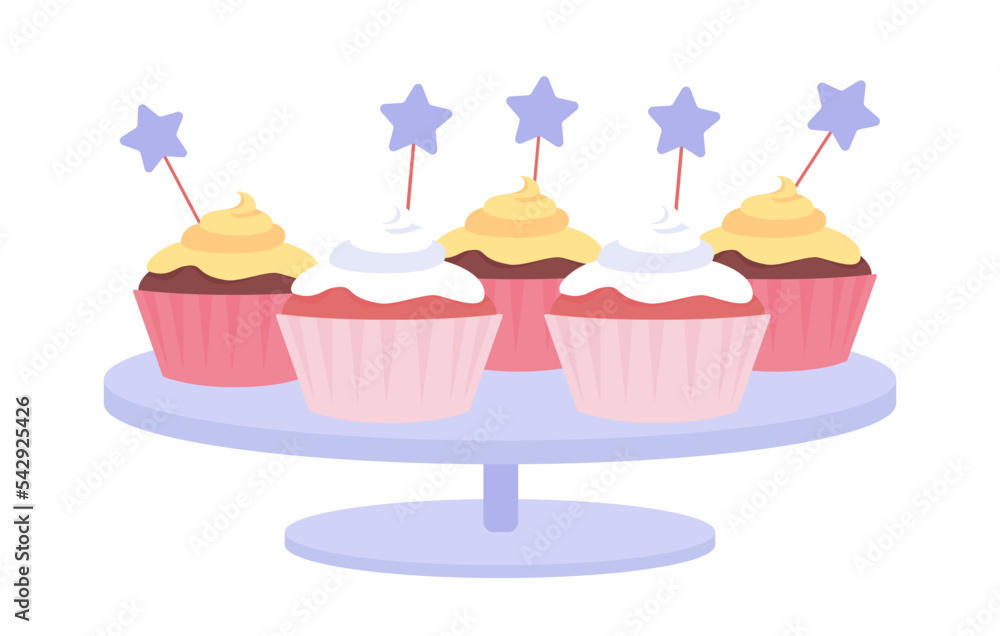 Poster pink cupcakes semi flat color vector object. editable element. full sized item on white. buffet dinn