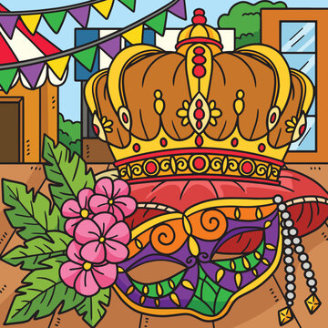 Mardi Gras King Crown and Mask Colored Cartoon 