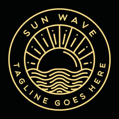 Beach illustration Monoline Vector Logo, Wave ocean vintage badge, sun creative emblem Design For Tshirt