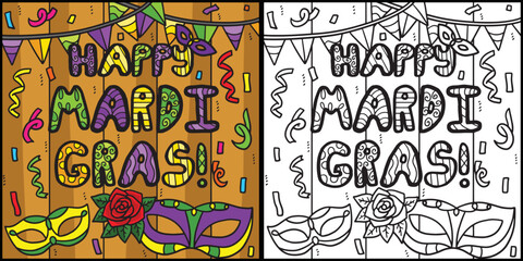 Happy Mardi Gras Coloring Page Illustration