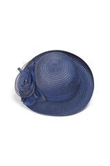 Close-up shot of a blue wide-brimmed sun hat decorated with a large flower. The organza hat is...