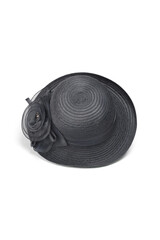 Close-up shot of a gray wide-brimmed sun hat decorated with a large flower. The organza hat is...