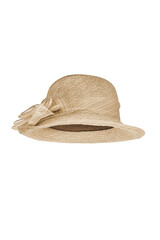 Close-up shot of a beige wide-brimmed sun hat decorated with a large flower. The organza hat is...