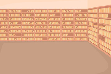 Obraz premium Public library flat color vector illustration. Collection of books. School books accessible for use. University materials. Fully editable 2D simple cartoon interior with bookshelves on background