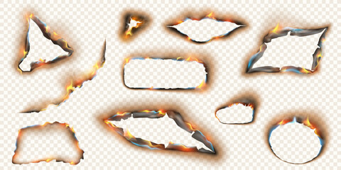 Burnt paper holes on transparent background with scorched and cracked edges, ashes and brown burnts, fire flames and blaze. Burning holes in paper, realistic fire flames and torn edges vector design