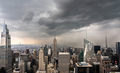 Panoramic aerial view of storm gloomy clouds over New York