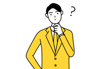 疑問を持つスーツ姿のビジネスマンのシンプルな線画イラスト