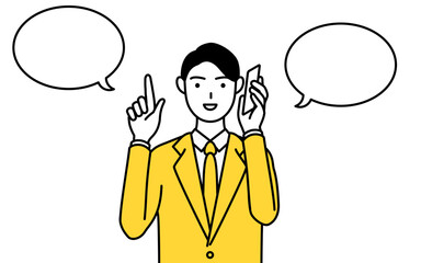 電話をしながら指さしをするスーツ姿のビジネスマンのシンプルな線画イラスト