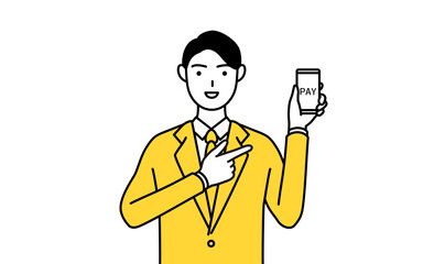スマホのキャッシュレス・オンライン決済を勧めるスーツ姿のビジネスマンのシンプルな線画イラスト