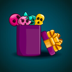 Open gift box with vector different skulls