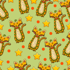 Seamless pattern with cute cartoon doodle cat.