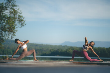 beautiful female healthy lifestyle, young sport girl woman person exercise with outdoor yoga of morn nature summer sunrise or sunset, fitness to peace relax meditation of body balance training pose